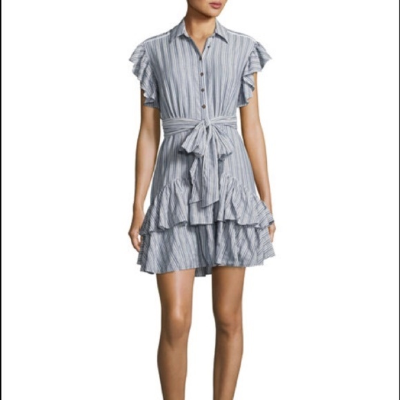 Rebecca Taylor Cap-Sleeve Striped Ruffled Dress - Picture 1 of 4